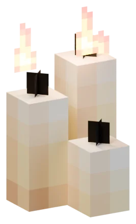 Three lit white candles of different heights, their small flames burning.