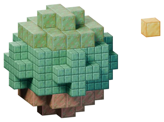 A round planet built of green and copper blocks, with a small gold block floating beside it like a moon.